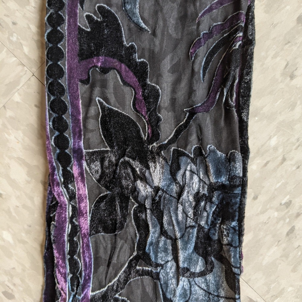 Artsy Burnout Velvet Infinity Scarf Floral Devore Art to Wear Purple Green Black - Picture 5 of 7